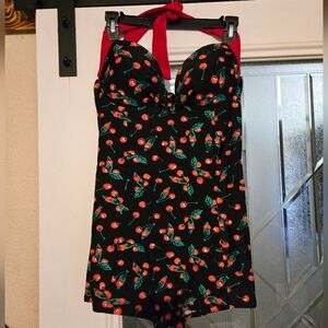Cherry Print Black Halter Swimsuit